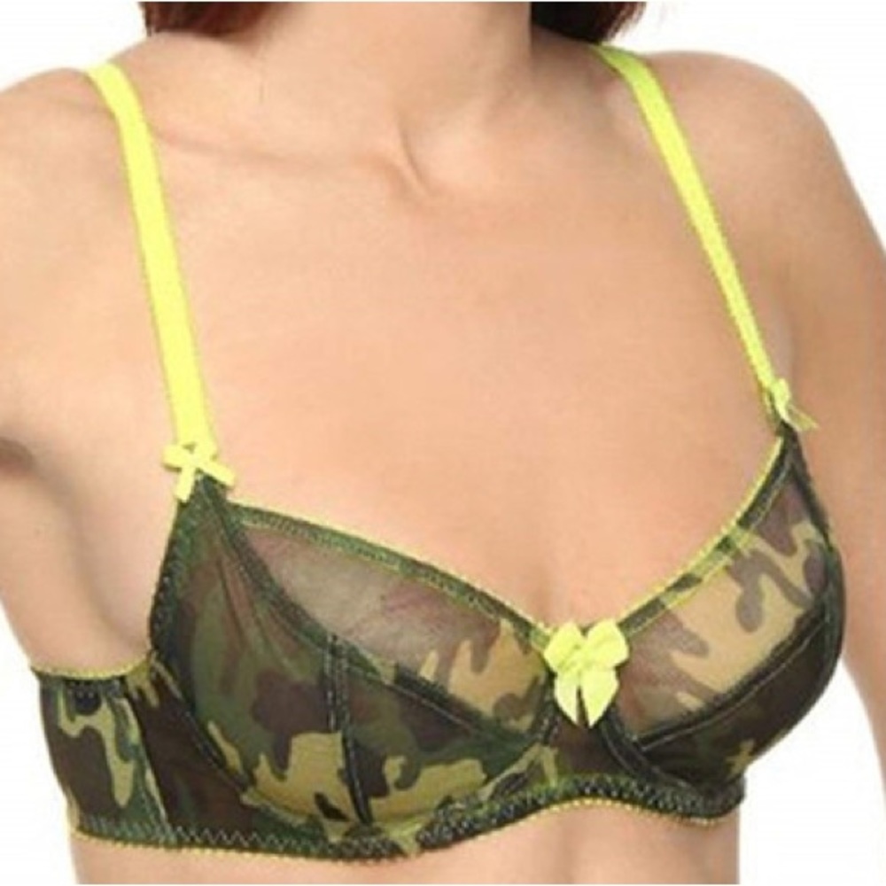 NWT Claudette Dessous mesh bra green camouflage camo with yellow trim 30D